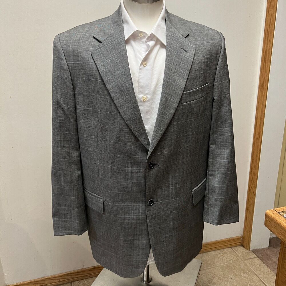 BARNEYS NEW YORK Mens Grey Wool Windowpane Sport Coat Blazer Jacket ITALY 46R